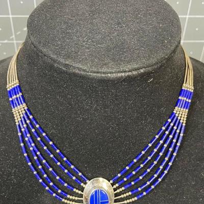 Lapis Lazuli Silver Inlay Choker Necklace Liquid Silver Beads vintage