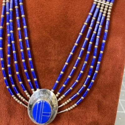 Lapis Lazuli Silver Inlay Choker Necklace Liquid Silver Beads vintage