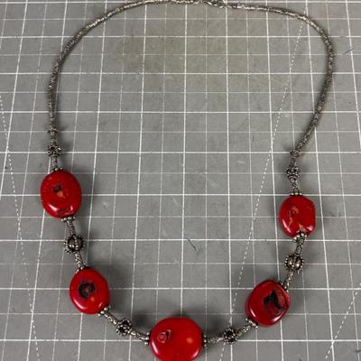 Red Coral Stones and Silver Bead 