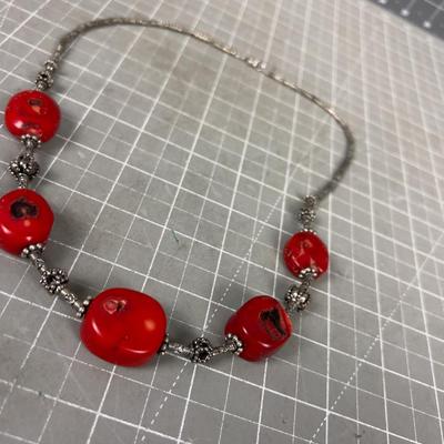 Red Coral Stones and Silver Bead 