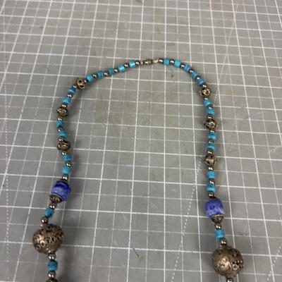 Blue Ceramic with Silver Toned Beads