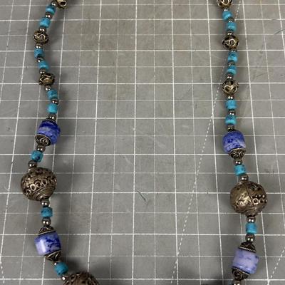 Blue Ceramic with Silver Toned Beads