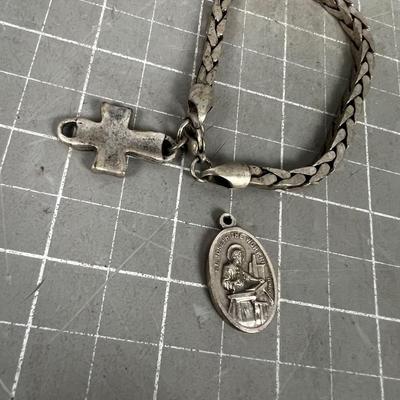 Silver Toned CROSS Bracelet and St Joseph the Worker Metal 