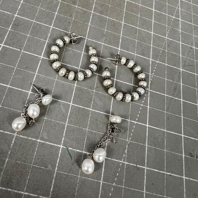 2 Sets of Sterling and White Pearl Earrings, Dangle and Hoop 