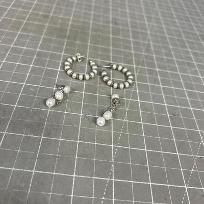 2 Sets of Sterling and White Pearl Earrings, Dangle and Hoop 