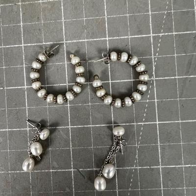 2 Sets of Sterling and White Pearl Earrings, Dangle and Hoop 