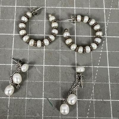 2 Sets of Sterling and White Pearl Earrings, Dangle and Hoop 