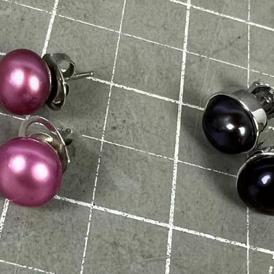 2 Sets of Pink & Purple Pearl Earing Set in Silver 