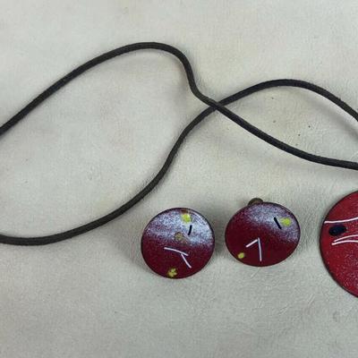 mid century modern abstract ENAMEL ON COPPER NECKLACE & EARRINGS