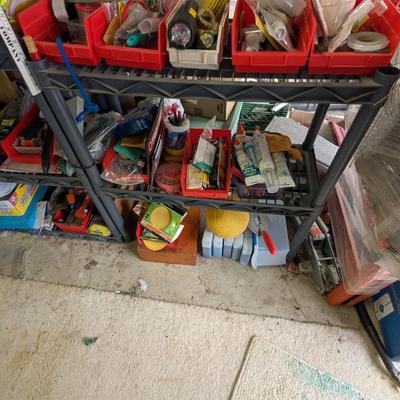 Plastic Shelving Unit Approx 32 1/2" x 13" x 37 1/2" & Assortment Of Hardware Sandpaper