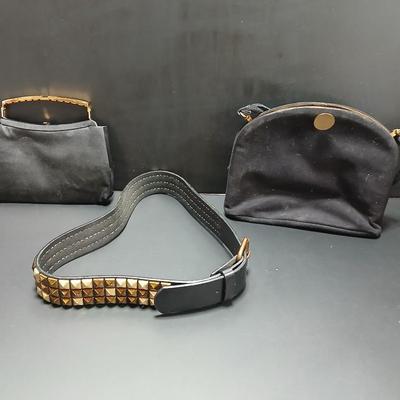 Vintage Ande clutch bag / purse with gold metal handle with another vintage purse and a fancy belt