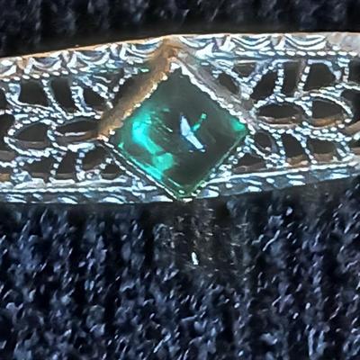 Antique Art Deco 10K White Gold Old Emerald Filigree Pin with small filigree pin