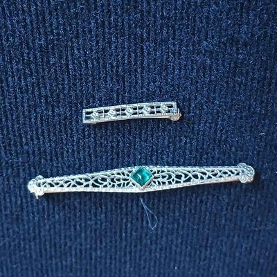 Antique Art Deco 10K White Gold Old Emerald Filigree Pin with small filigree pin