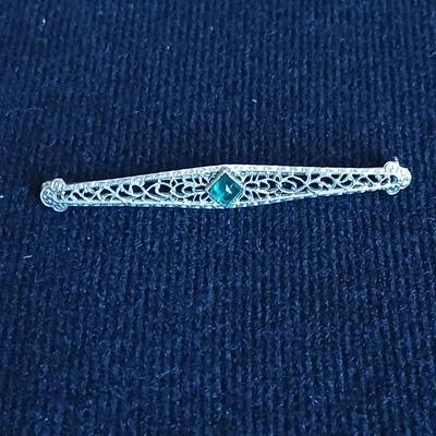 Antique Art Deco 10K White Gold Old Emerald Filigree Pin with small filigree pin