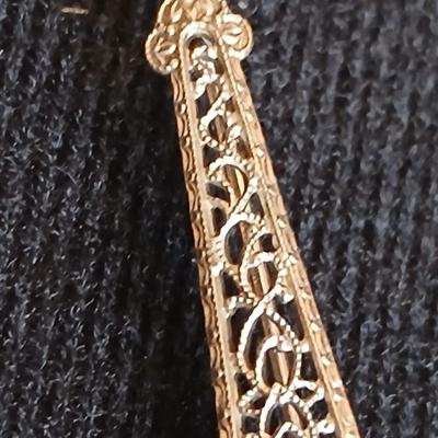 Antique Art Deco 10K White Gold Old Emerald Filigree Pin with small filigree pin