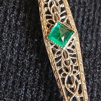 Antique Art Deco 10K White Gold Old Emerald Filigree Pin with small filigree pin