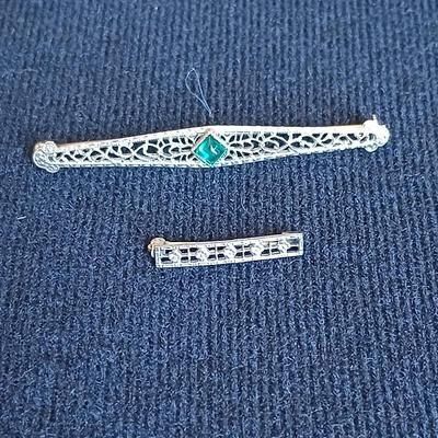 Antique Art Deco 10K White Gold Old Emerald Filigree Pin with small filigree pin