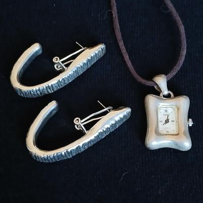 Boma .925 sterling silver marked Watch pendant with a pair of earrings marked Isreal