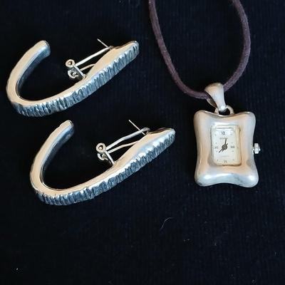Boma .925 sterling silver marked Watch pendant with a pair of earrings marked Isreal