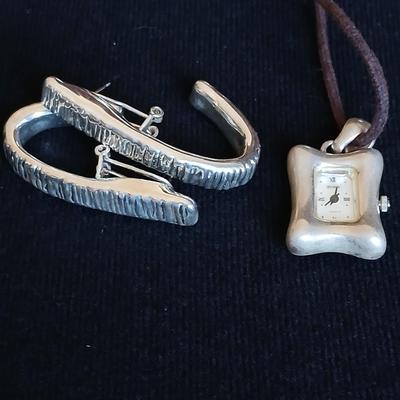 Boma .925 sterling silver marked Watch pendant with a pair of earrings marked Isreal