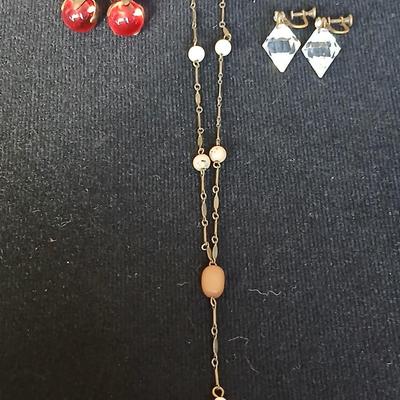 Antique ruby red glass stone / marble cufflinks - Crystal screw back earrings - and Vintage stone beaded necklace with fancy links