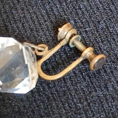 Antique ruby red glass stone / marble cufflinks - Crystal screw back earrings - and Vintage stone beaded necklace with fancy links