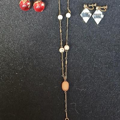 Antique ruby red glass stone / marble cufflinks - Crystal screw back earrings - and Vintage stone beaded necklace with fancy links