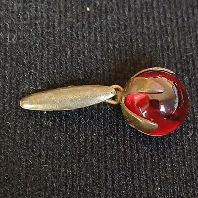 Antique ruby red glass stone / marble cufflinks - Crystal screw back earrings - and Vintage stone beaded necklace with fancy links