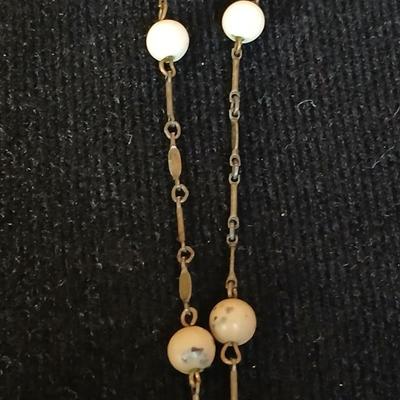 Antique ruby red glass stone / marble cufflinks - Crystal screw back earrings - and Vintage stone beaded necklace with fancy links