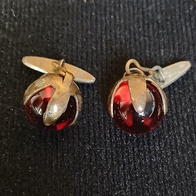Antique ruby red glass stone / marble cufflinks - Crystal screw back earrings - and Vintage stone beaded necklace with fancy links