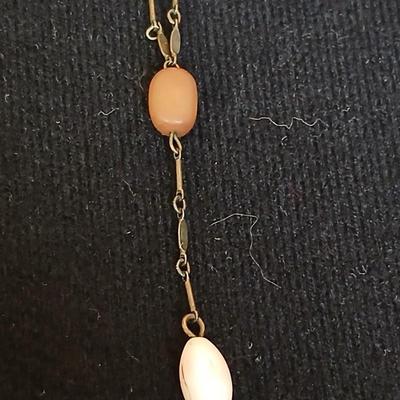 Antique ruby red glass stone / marble cufflinks - Crystal screw back earrings - and Vintage stone beaded necklace with fancy links