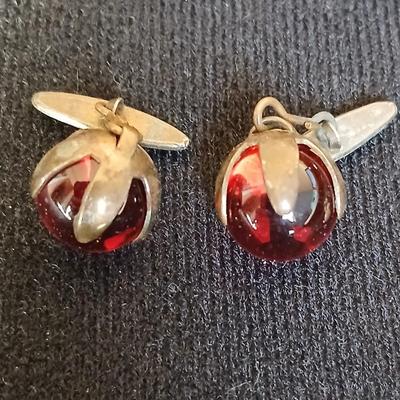 Antique ruby red glass stone / marble cufflinks - Crystal screw back earrings - and Vintage stone beaded necklace with fancy links
