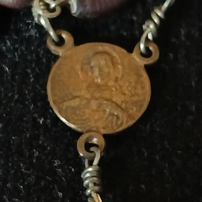 Antique Reliquary Crucifix Spina Christi Seed Lignum M Olivarum Relic Rosary Beads with two pair of Vintage earrings - Onyx stone like...