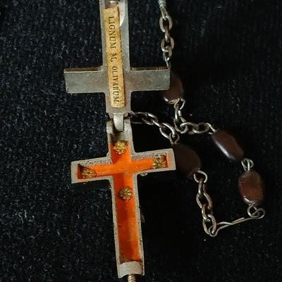 Antique Reliquary Crucifix Spina Christi Seed Lignum M Olivarum Relic Rosary Beads with two pair of Vintage earrings - Onyx stone like...