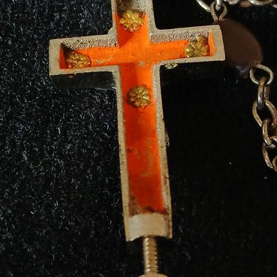 Antique Reliquary Crucifix Spina Christi Seed Lignum M Olivarum Relic Rosary Beads with two pair of Vintage earrings - Onyx stone like...