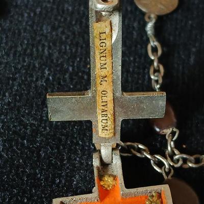 Antique Reliquary Crucifix Spina Christi Seed Lignum M Olivarum Relic Rosary Beads with two pair of Vintage earrings - Onyx stone like...