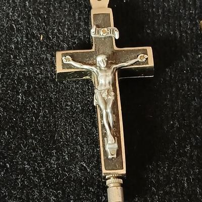 Antique Reliquary Crucifix Spina Christi Seed Lignum M Olivarum Relic Rosary Beads with two pair of Vintage earrings - Onyx stone like...