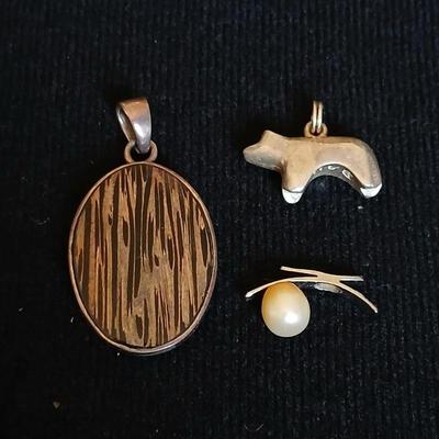 Vintage sterling silver original bear fetish charm signed BAH .925 marked pendant and a signed pendant with a pearl like design