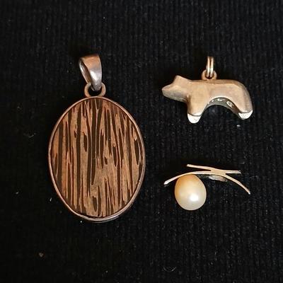 Vintage sterling silver original bear fetish charm signed BAH .925 marked pendant and a signed pendant with a pearl like design