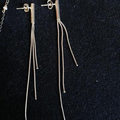 Tassel Chain Earrings .925 Sterling Silver Long Dangle Drop Earrings with a semi -matching necklace also marked .925