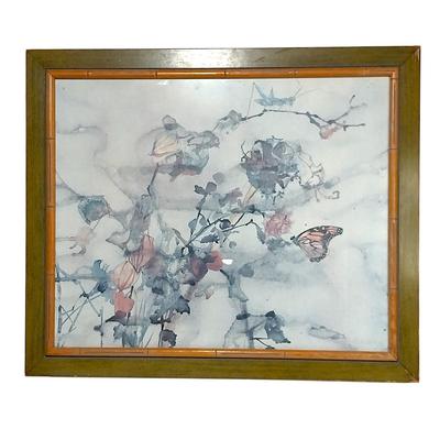 Framed Richard Jerzy 1974 "Monarch in the Garden" Watercolor Lithograph Reproduction Print Green Bamboo Grasshopper Signed...