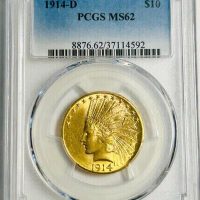 1914 D US American Eagle Indian Head Gold Coin $10 Dollars Graded NGC MS 62