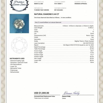 GIA certified loose diamond Natural 0.44 CT I Color I3 Good Cut with Insurance Appraisal