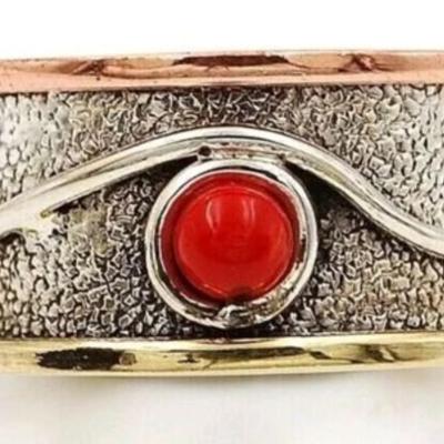 DAT - Three Tone Natural Red Coral 925 Sterling Silver Ring Sz 7.5