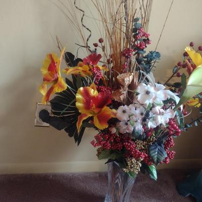 Heavy Glass/Crystal Vase with Artificial Flower Arrangement