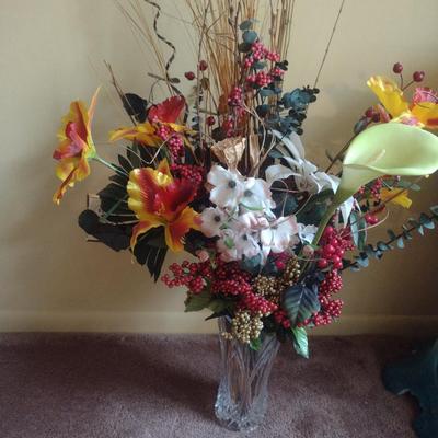 Heavy Glass/Crystal Vase with Artificial Flower Arrangement
