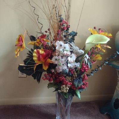 Heavy Glass/Crystal Vase with Artificial Flower Arrangement