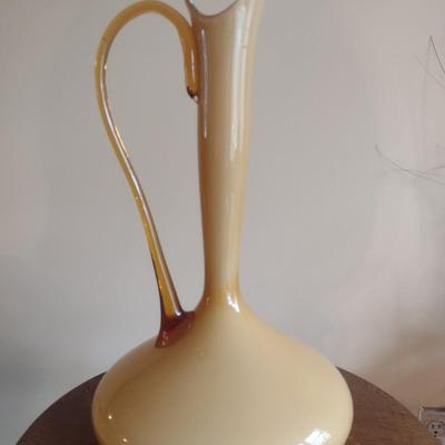 Art Glass Jug Vase with Applied Handle- Possibly Empoli- Approx 15" Tall