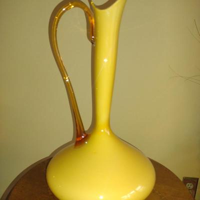 Art Glass Jug Vase with Applied Handle- Possibly Empoli- Approx 15" Tall