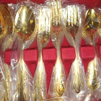 Elegance Japan Goldelectroplate Flatware with Storage Box- Approx 55 Pieces- New in Package